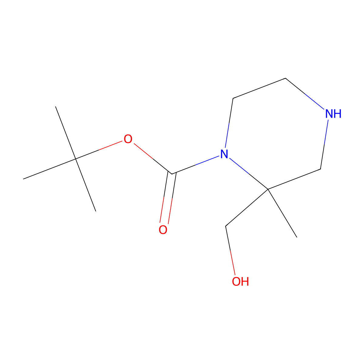 Tert-butyl 2-(hydroxymethyl)-2-methylpiperazine-1-carboxylate molecular structure, CAS 1830376-25-4