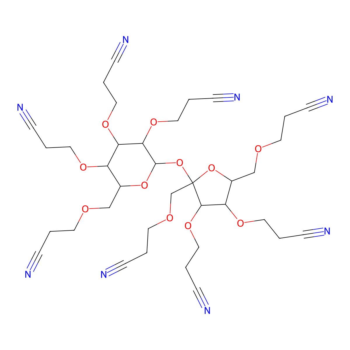 alpha-D-Glucopyranoside, 1,3,4,6-tetrakis-O-(2-cyanoethyl)-beta-D-fructofuranosyl 2,3,4,6-tetrakis-O-(2-cyanoethyl)- molecular structure, CAS 18304-13-7