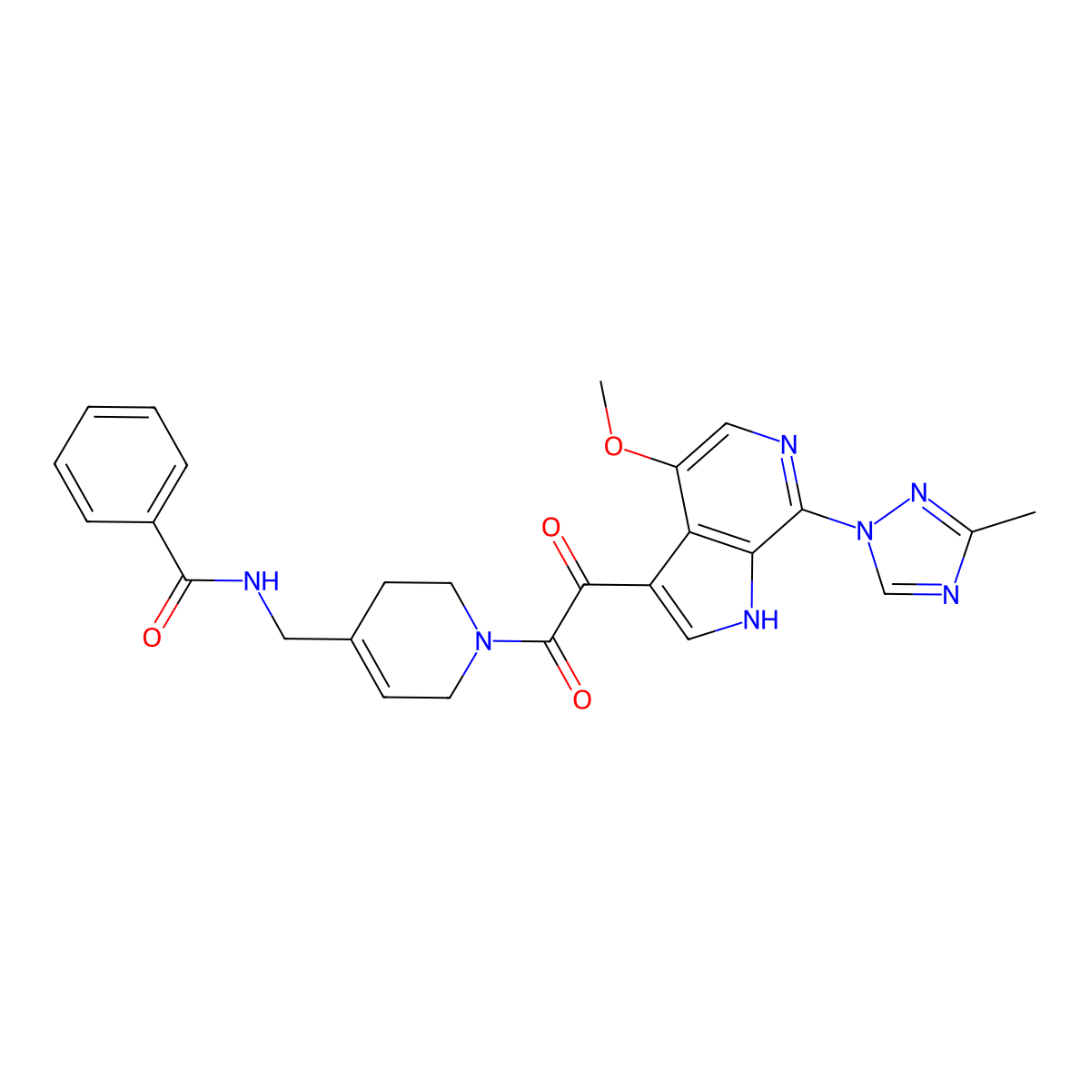 N-((1-(2-(4-methoxy-7-(3-methyl-1H-1,2,4-triazol-1-yl)-1H-pyrrolo[2,3-c]pyridin-3-yl)-2-oxoacetyl)-1,2,3,6-tetrahydropyridin-4-yl)methyl)benzamide molecular structure, CAS 1831091-85-0