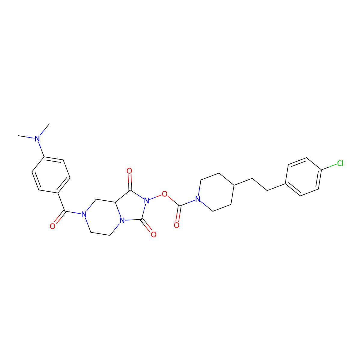 7-(4-(dimethylamino)benzoyl)-1,3-dioxohexahydroimidazo[1,5-a]pyrazin-2(3H)-yl 4-(4-chlorophenethyl)piperidine-1-carboxylate molecular structure, CAS 1831135-30-8