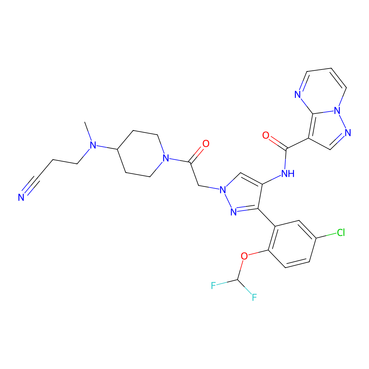 N-(3-(5-Chloro-2-(difluoromethoxy)phenyl)-1-(2-(4-((2-cyanoethyl)(methyl)amino)piperidin-1-yl)-2-oxoethyl)-1H-pyrazol-4-yl)pyrazolo[1,5-a]pyrimidine-3-carboxamide molecular structure, CAS 1831144-46-7