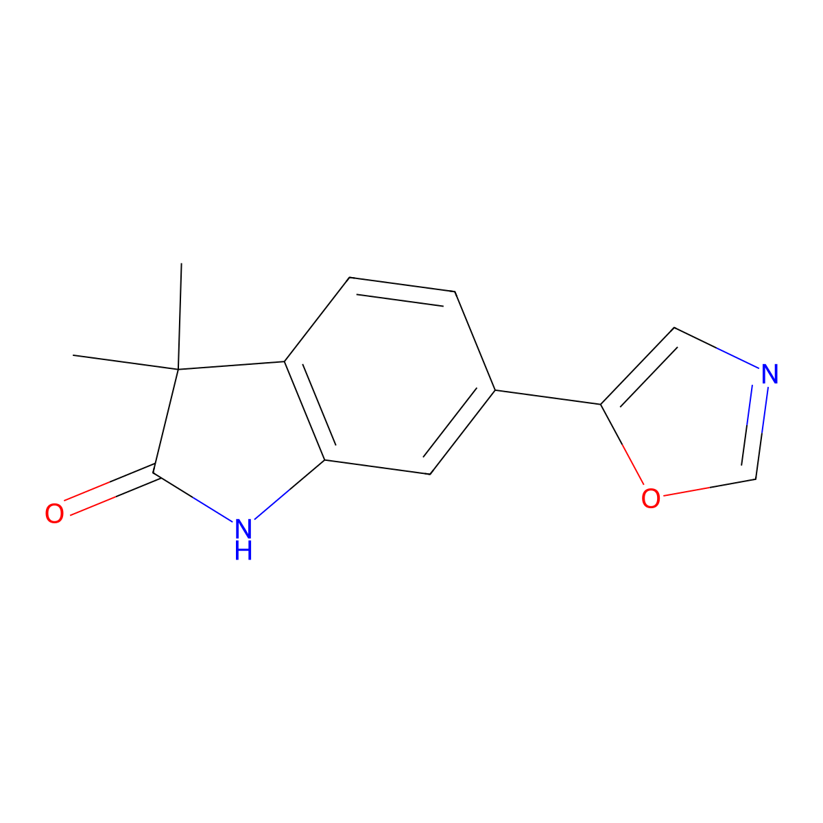 1,3-Dihydro-3,3-dimethyl-6-(5-oxazolyl)-2H-indol-2-one molecular structure, CAS 1831887-18-3