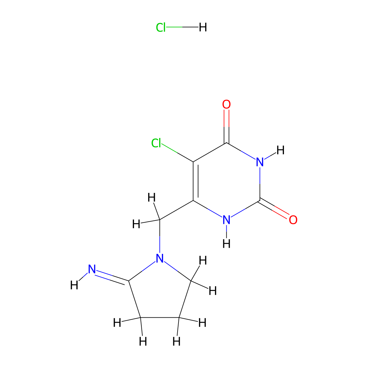 5-Chloro-6-(1-(2-iminopyrrolidinyl) methyl)uracil hydrochloride molecular structure, CAS 183204-72-0