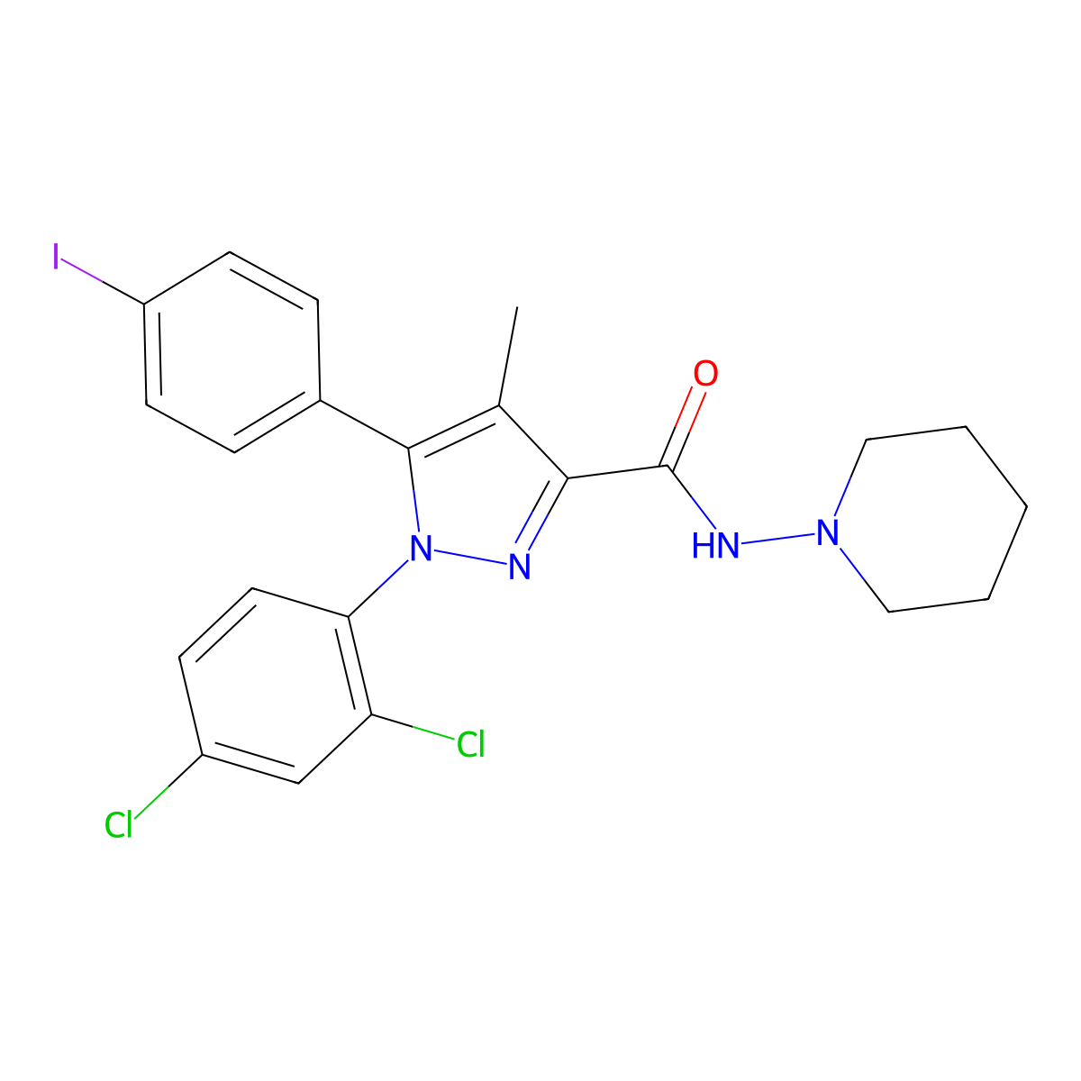 N-(piperidin-1-yl)-1-(2,4-dichlorophenyl)-5-(4-iodophenyl)-4-methyl-1H-pyrazole-3-carboxamide molecular structure, CAS 183232-66-8