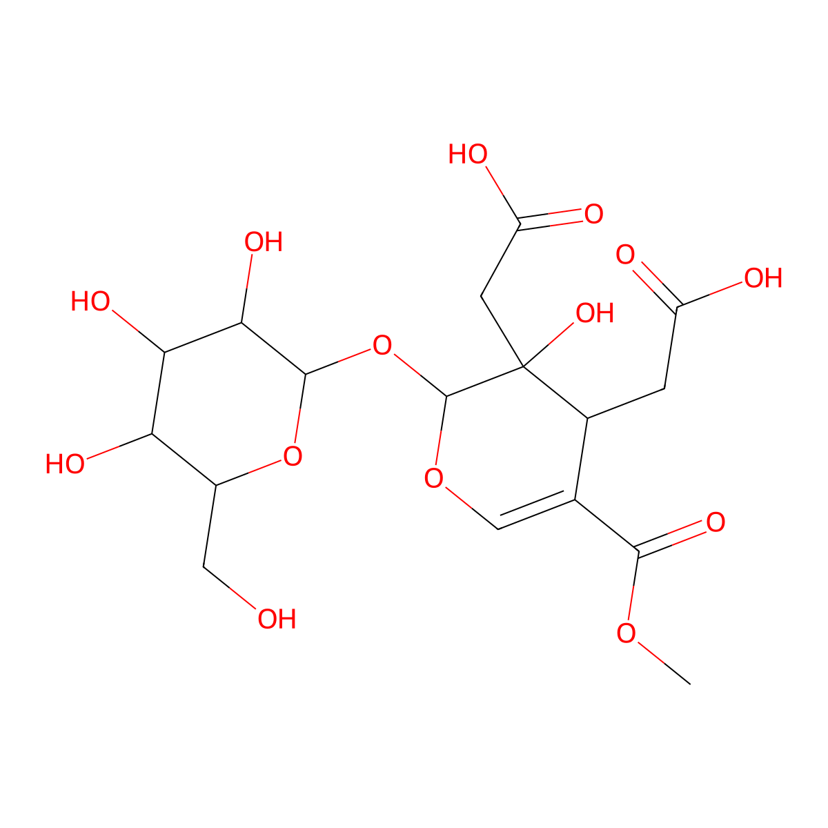 2-[3-(carboxymethyl)-3-hydroxy-5-methoxycarbonyl-2-[(2S,3R,4S,5S,6R)-3,4,5-trihydroxy-6-(hydroxymethyl)oxan-2-yl]oxy-2,4-dihydropyran-4-yl]acetic acid molecular structure, CAS 183238-67-7