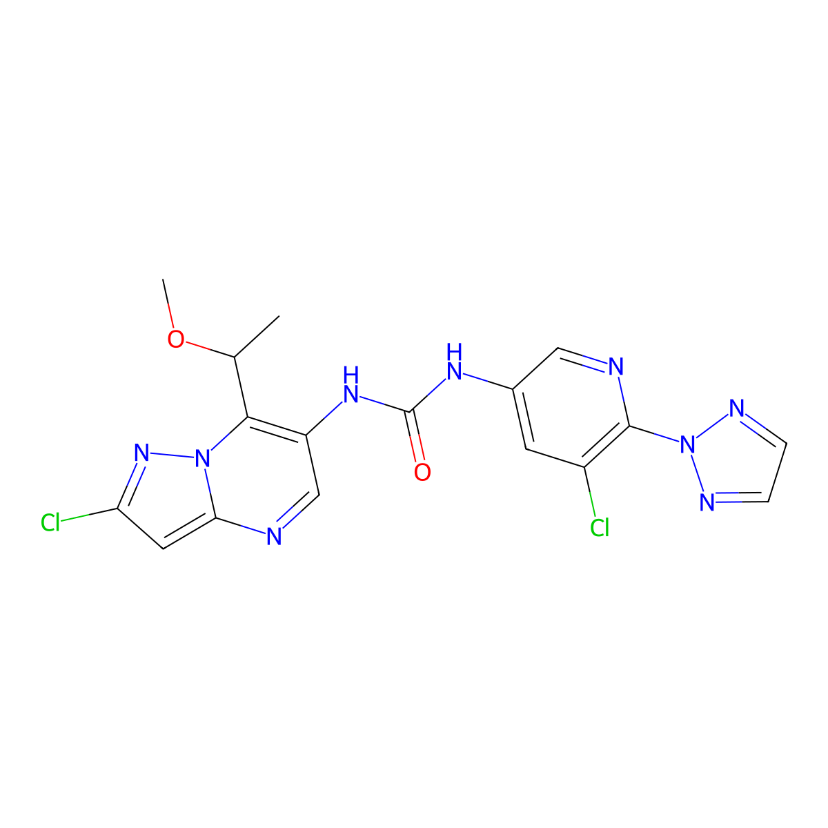 1-[2-chloro-7-[(1S)-1-methoxyethyl]pyrazolo[1,5-a]pyrimidin-6-yl]-3-[5-chloro-6-(triazol-2-yl)-3-pyridinyl]urea molecular structure, CAS 1832576-25-6