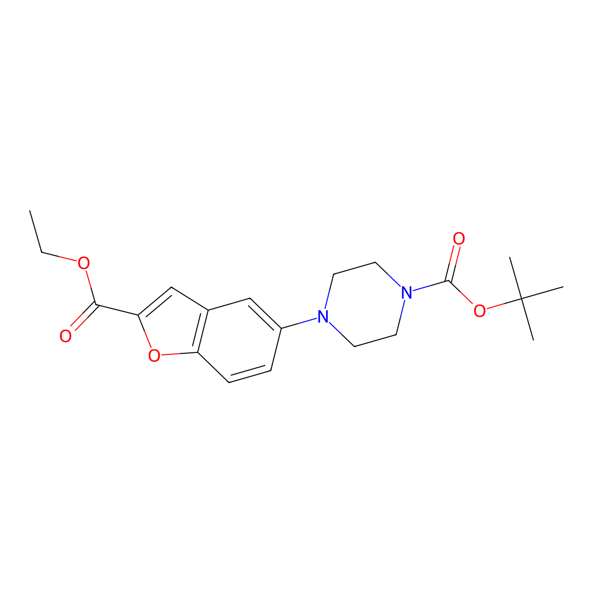 1-Piperazinecarboxylic acid, 4-[2-(ethoxycarbonyl)-5-benzofuranyl]-, 1,1-dimethylethyl ester molecular structure, CAS 183288-43-9