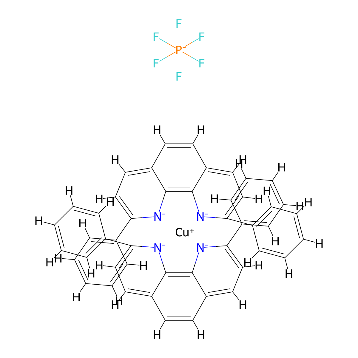 Copper(1+), bis(2,9-diphenyl-1,10-phenanthroline-κN1,κN10)-, (T-4)-, hexafluorophosphate(1-) (1:1) molecular structure, CAS 183294-82-8