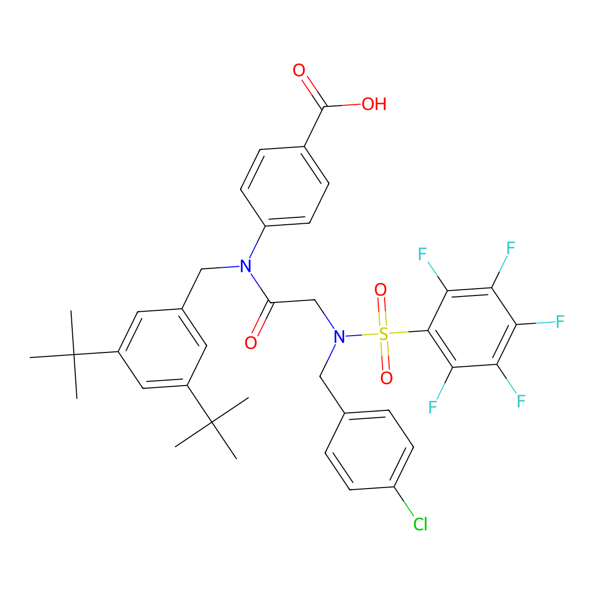 4-[[2-[(4-Chlorophenyl)methyl-(2,3,4,5,6-pentafluorophenyl)sulfonylamino]acetyl]-[(3,5-ditert-butylphenyl)methyl]amino]benzoic acid molecular structure, CAS 1834571-82-2