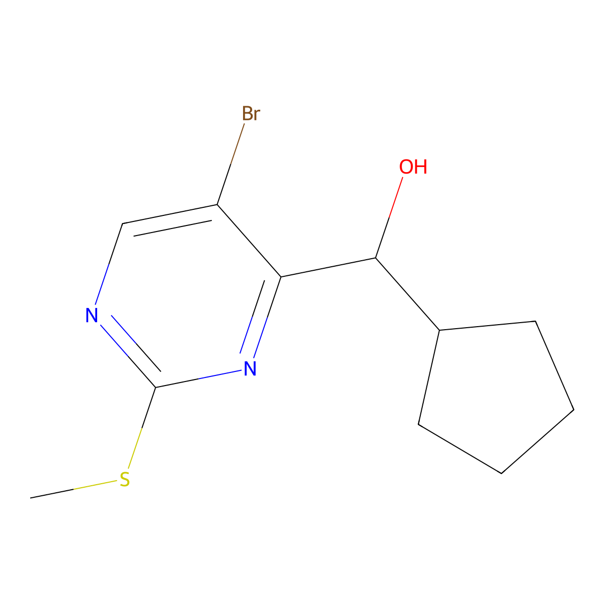 (5-Bromo-2-(methylthio)pyrimidin-4-yl)(cyclopentyl)methanol molecular structure, CAS 1835222-44-0