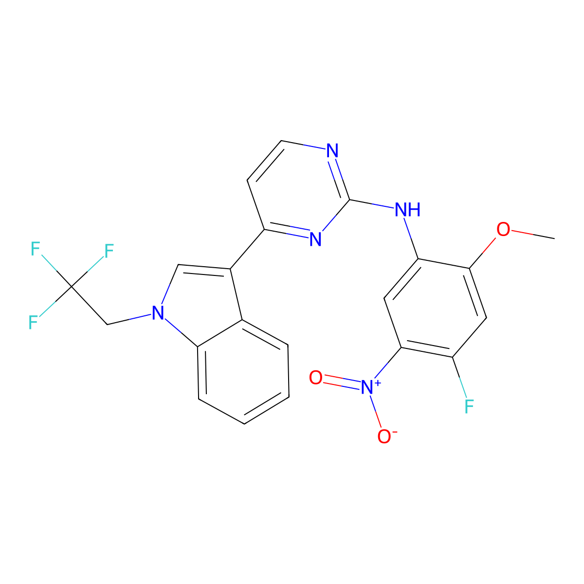 N-(4-Fluoro-2-methoxy-5-nitrophenyl)-4-(1-(2,2,2-trifluoroethyl)-1H-indol-3-YL)pyrimidin-2-amine molecular structure, CAS 1835670-26-2