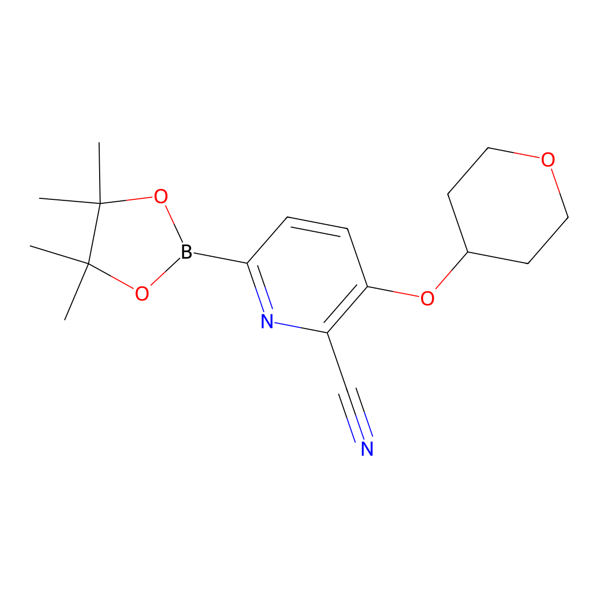 3-((tetrahydro-2H-pyran-4-yl)oxy)-6-(4,4,5,5-tetramethyl-1,3,2-dioxaborolan-2-yl)picolinonitrile molecular structure, CAS 1835679-60-1
