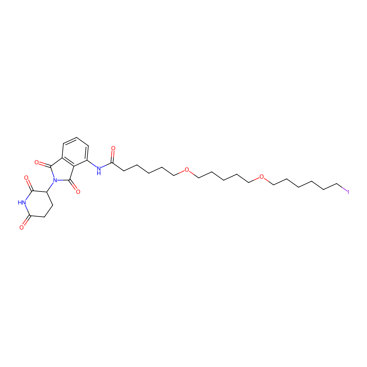 Pomalidomide-C6-PEG1-C3-PEG1-Butyl Iodide molecular structure, CAS 1835705-76-4