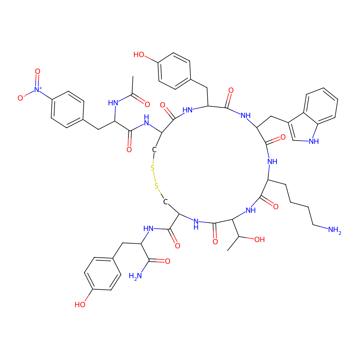 (4R,7S,10S,13R,16S,19S)-19-[[(2S)-2-Acetamido-3-(4-nitrophenyl)propanoyl]amino]-10-(4-aminobutyl)-N-[(2R)-1-amino-3-(4-hydroxyphenyl)-1-oxopropan-2-yl]-7-[(1R)-1-hydroxyethyl]-16-[(4-hydroxyphenyl)methyl]-13-(1H-indol-3-ylmethyl)-6,9,12,15,18-pentaoxo-1,2-dithia-5,8,11,14,17-pentazacycloicosane-4-carboxamide molecular structure, CAS 183658-72-2
