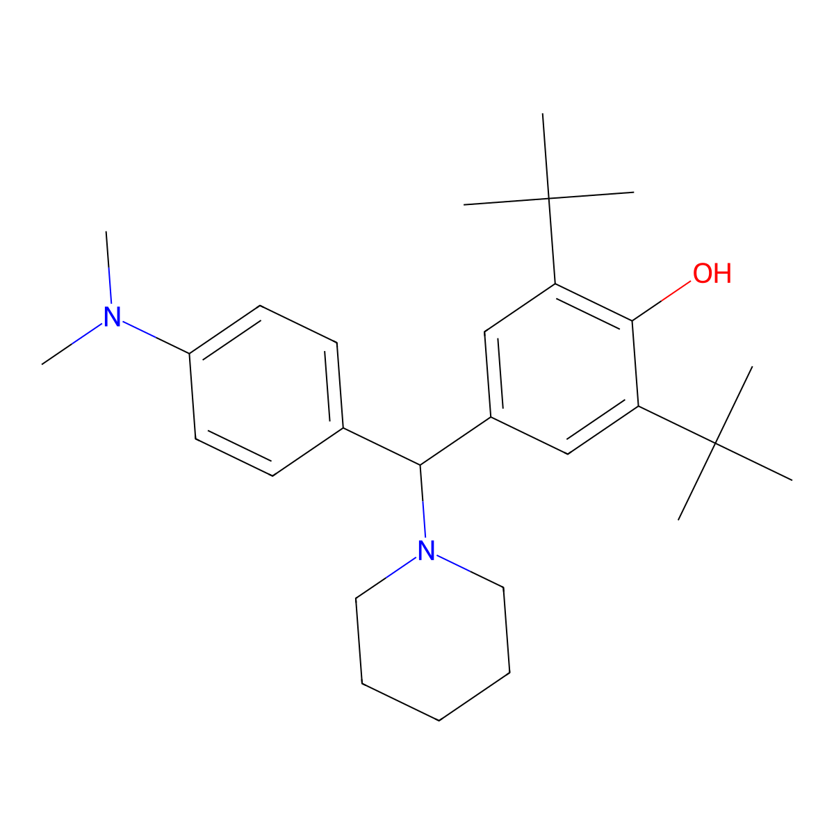2,6-Di-tert-butyl-4-((4-(dimethylamino)phenyl)(piperidin-1-yl)methyl)phenol molecular structure, CAS 183666-92-4