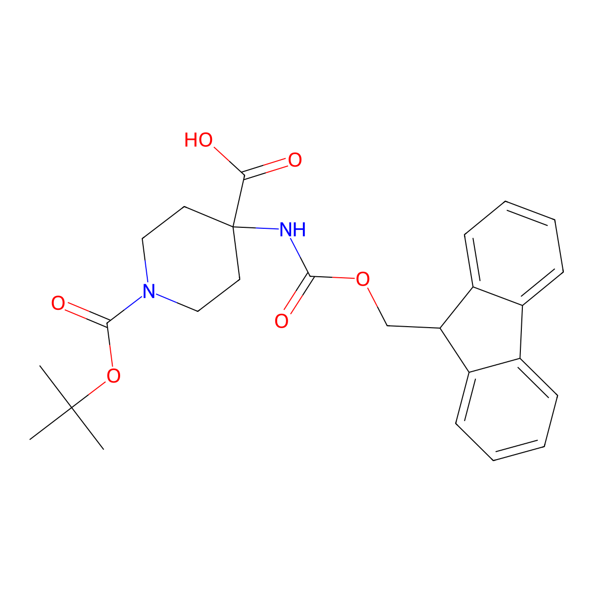 1-((tert-butoxy)carbonyl)-4-((((9H-fluoren-9-yl)methoxy)carbonyl)amino)piperidine-4-carboxylic acid molecular structure, CAS 183673-66-7
