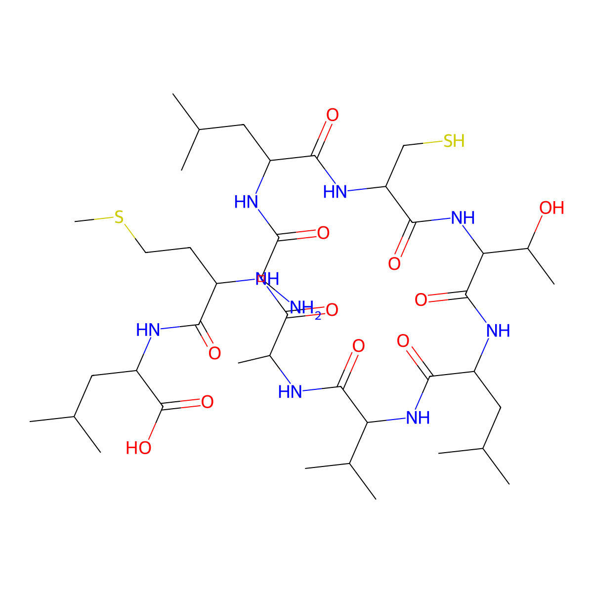 (2S)-2-[[(2S)-2-[[(2S)-2-[[(2S)-2-[[(2S)-2-[[(2S,3R)-2-[[(2R)-2-[[(2S)-2-[(2-aminoacetyl)amino]-4-methylpentanoyl]amino]-3-sulfanylpropanoyl]amino]-3-hydroxybutanoyl]amino]-4-methylpentanoyl]amino]-3-methylbutanoyl]amino]propanoyl]amino]-4-methylsulfanylbutanoyl]amino]-4-methylpentanoic acid molecular structure, CAS 183719-29-1