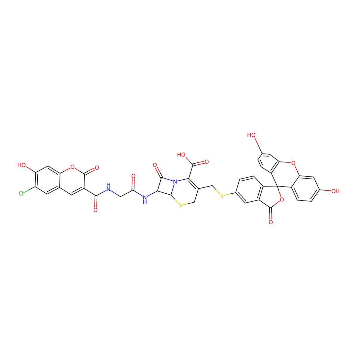 (6R,7R)-7-[[2-[(6-chloro-7-hydroxy-2-oxochromene-3-carbonyl)amino]acetyl]amino]-3-[(3',6'-dihydroxy-3-oxospiro[2-benzofuran-1,9'-xanthene]-5-yl)sulfanylmethyl]-8-oxo-5-thia-1-azabicyclo[4.2.0]oct-2-ene-2-carboxylic acid molecular structure, CAS 183736-52-9