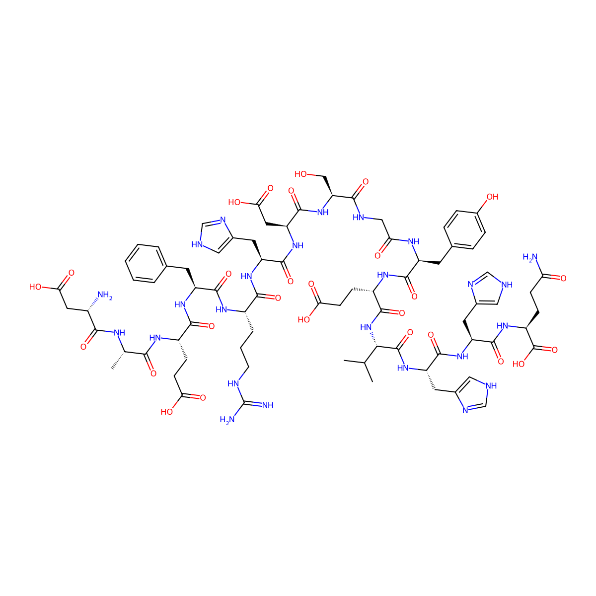 L-alpha-Aspartyl-L-alanyl-L-alpha-glutamyl-L-phenylalanyl-L-arginyl-L-histidyl-L-alpha-aspartyl-L-serylglycyl-L-tyrosyl-L-alpha-glutamyl-L-valyl-L-histidyl-L-histidyl-L-glutamine molecular structure, CAS 183745-81-5