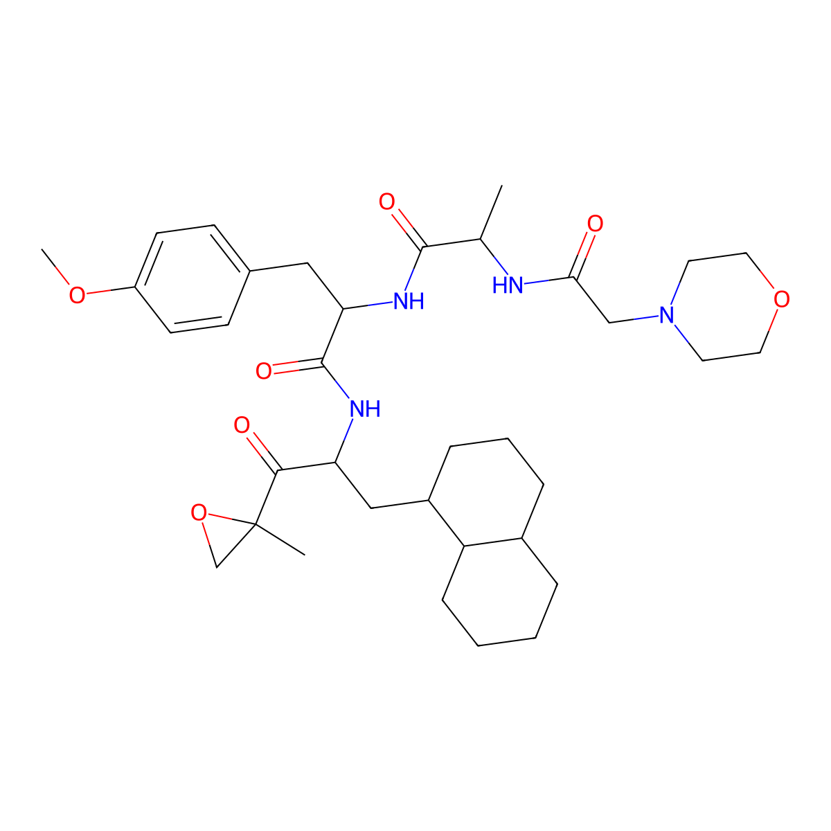 (2S)-N-[(2S)-3-(1,2,3,4,4a,5,6,7,8,8a-decahydronaphthalen-1-yl)-1-[(2R)-2-methyloxiran-2-yl]-1-oxopropan-2-yl]-3-(4-methoxyphenyl)-2-[[(2S)-2-[(2-morpholin-4-ylacetyl)amino]propanoyl]amino]propanamide molecular structure, CAS 1838705-22-8