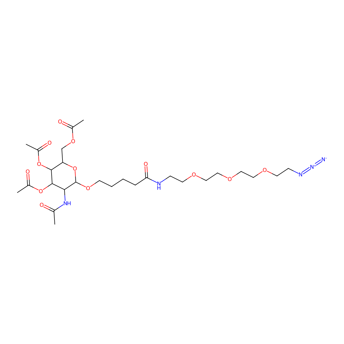 (2R,3R,4R,5R,6R)-5-Acetamido-2-(acetoxymethyl)-6-((1-azido-13-oxo-3,6,9-trioxa-12-azaheptadecan-17-YL)oxy)tetrahydro-2H-pyran-3,4-diyl diacetate molecular structure, CAS 1840885-93-9