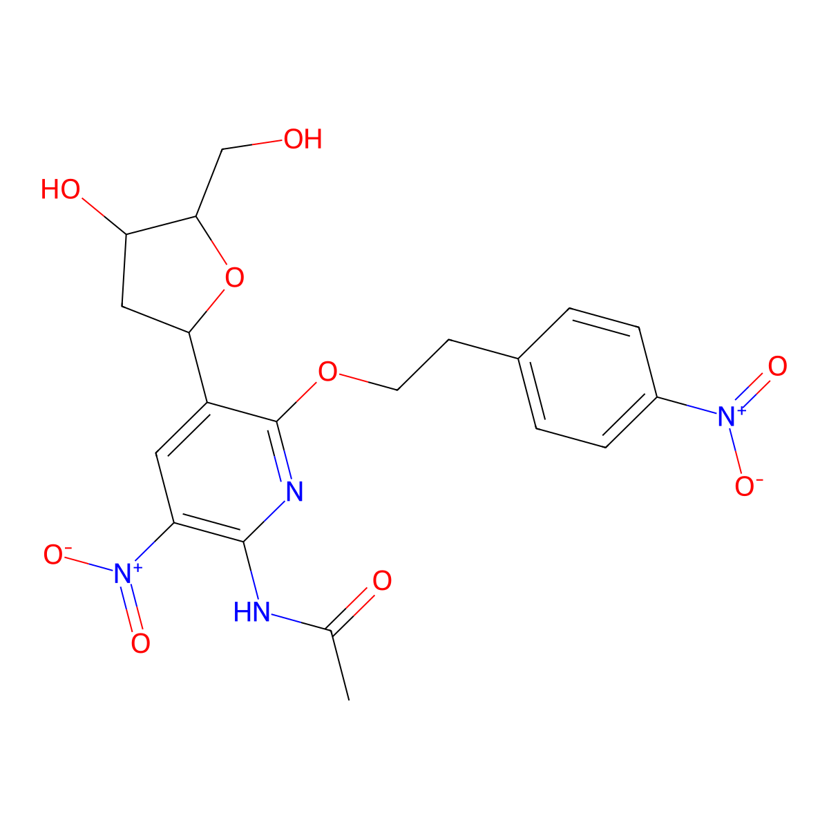 N-(5-((2R,4S,5R)-4-hydroxy-5-(hydroxymethyl)tetrahydrofuran-2-yl)-3-nitro-6-(4-nitrophenethoxy)pyridin-2-yl)acetamide molecular structure, CAS 1843217-56-0