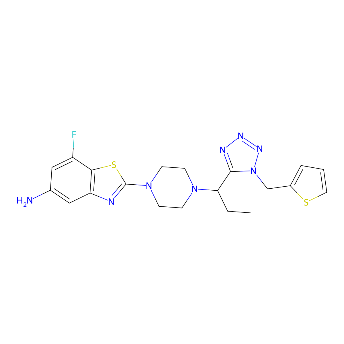 7-fluoro-2-[4-(1-{1-[(thiophen-2-yl)methyl]-1H-1,2,3,4-tetrazol-5-yl}propyl)piperazin-1-yl]-1,3-benzothiazol-5-amine molecular structure, CAS 1843236-92-9
