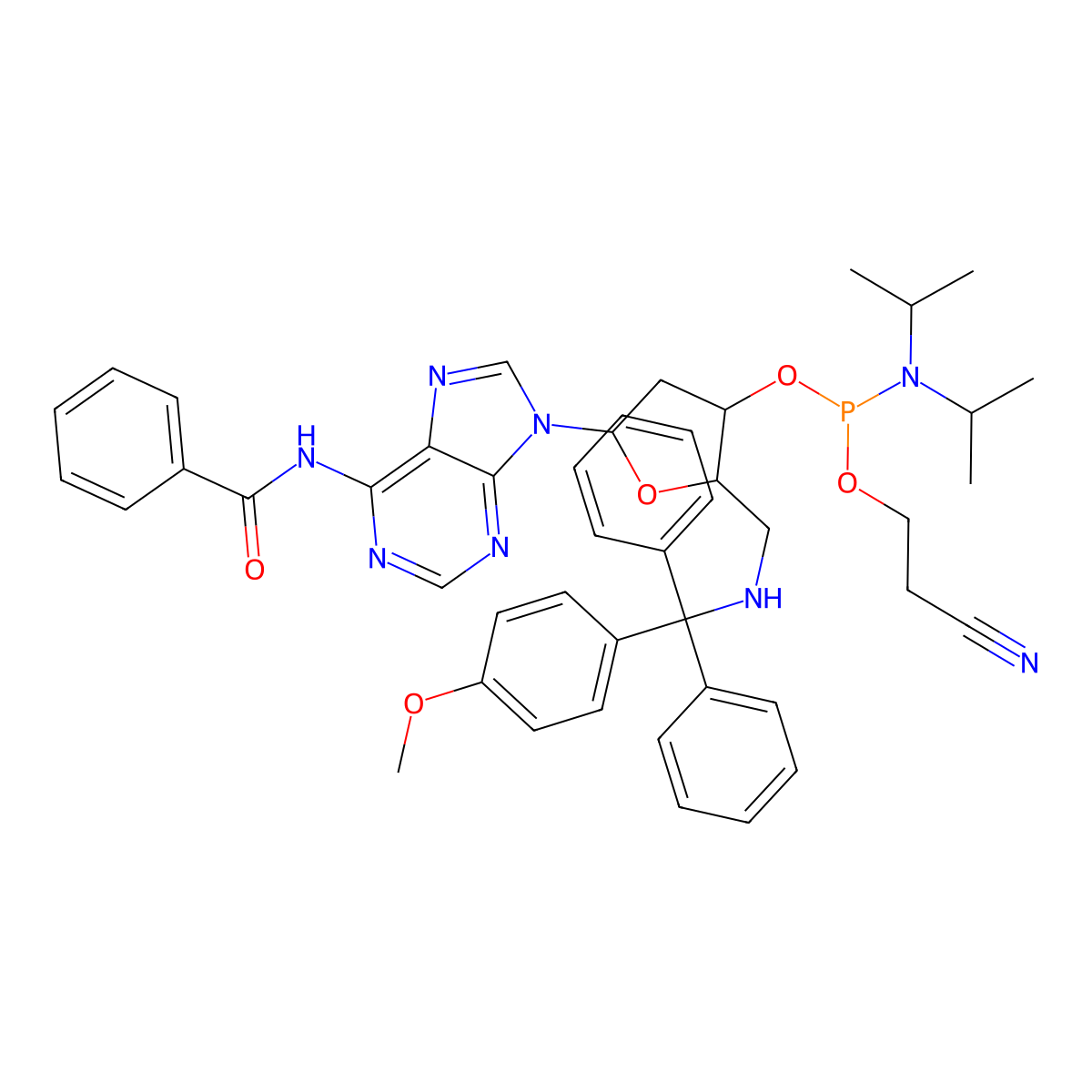 (2R,3S,5R)-5-(6-Benzamido-9H-purin-9-yl)-2-((((4-methoxyphenyl)diphenylmethyl)amino)methyl)tetrahydrofuran-3-yl (2-cyanoethyl) diisopropylphosphoramidite molecular structure, CAS 184488-14-0