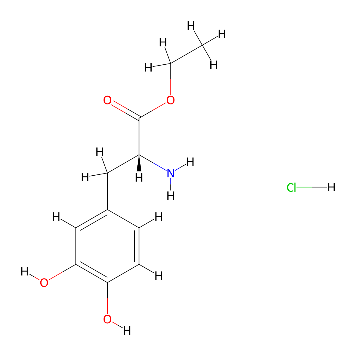 ethyl (2R)-2-amino-3-(3,4-dihydroxyphenyl)propanoate hydrochloride molecular structure, CAS 184489-03-0