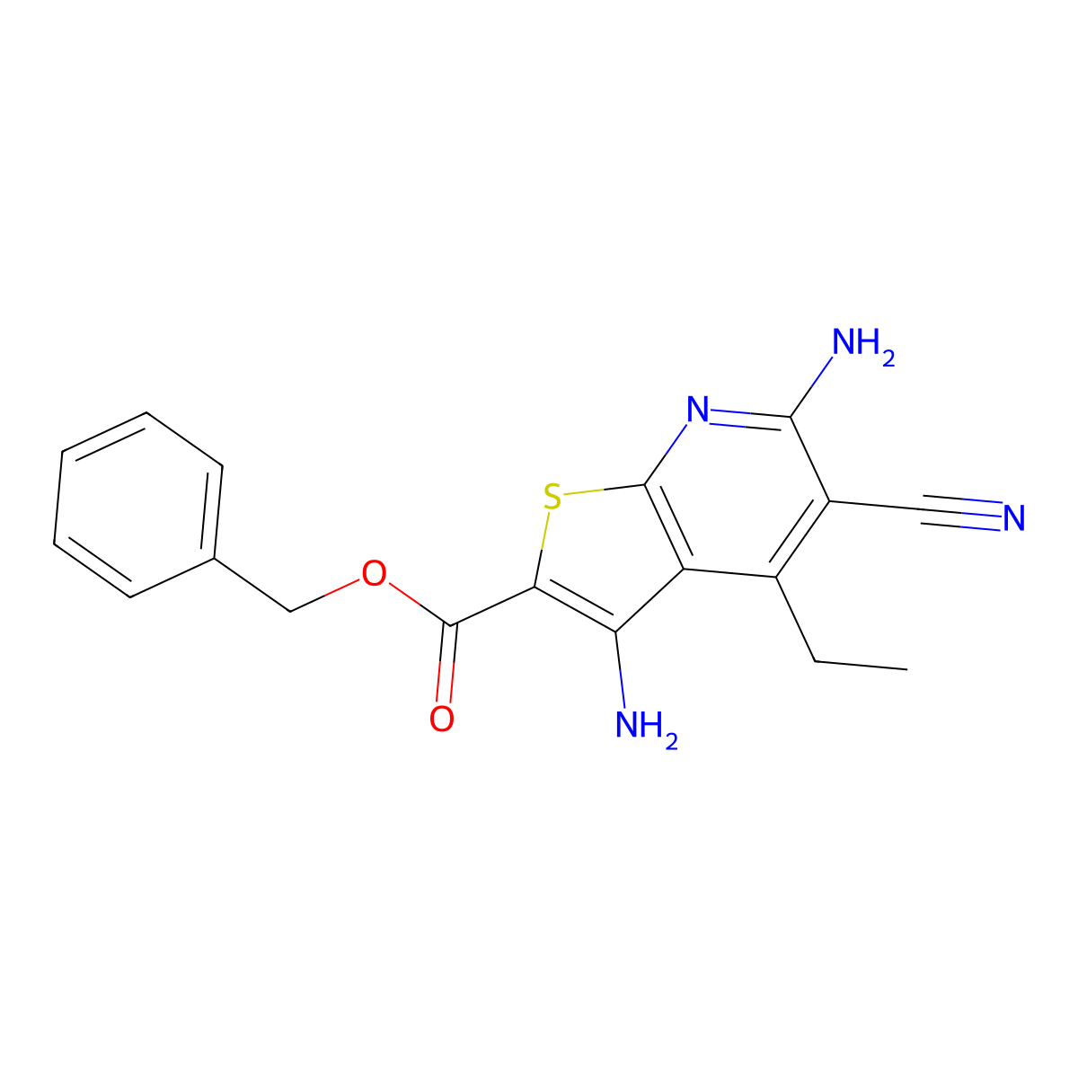 Benzyl 3,6-diamino-5-cyano-4-ethylthieno[2,3-b]pyridine-2-carboxylate molecular structure, CAS 184530-36-7