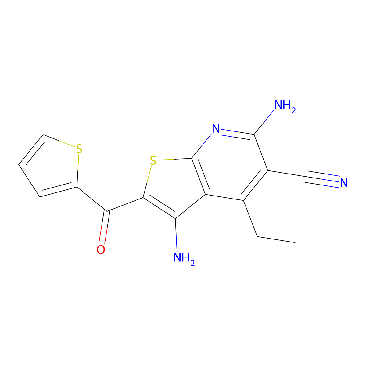 3,6-Diamino-4-ethyl-2-(thiophene-2-carbonyl)thieno[2,3-b]pyridine-5-carbonitrile molecular structure, CAS 184530-39-0