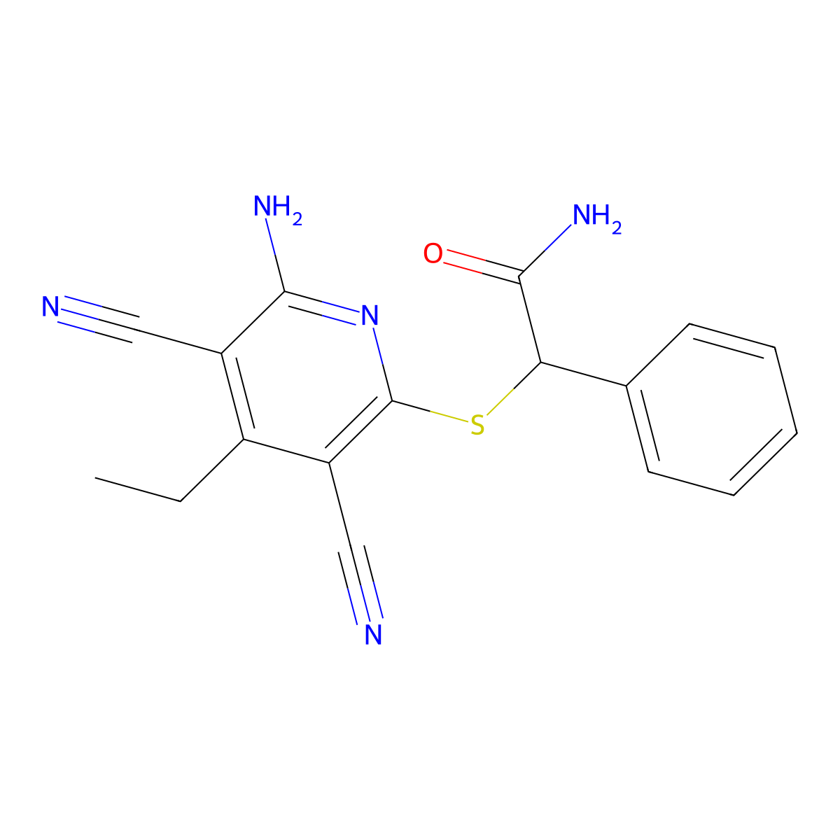 2-[(6-Amino-3,5-dicyano-4-ethylpyridin-2-yl)sulfanyl]-2-phenylacetamide molecular structure, CAS 184530-72-1