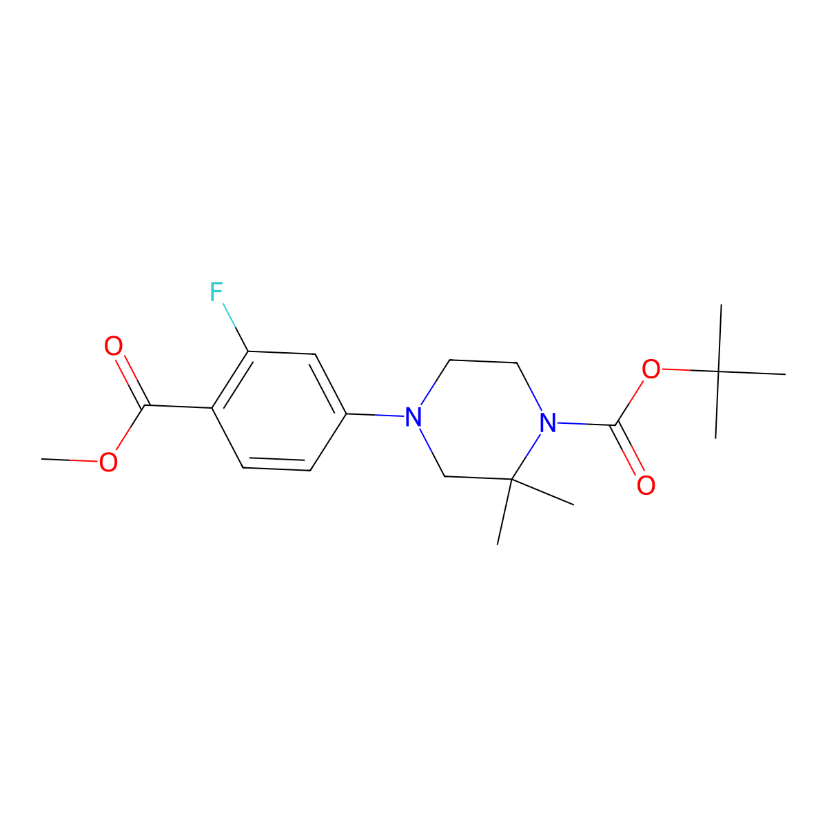 Tert-butyl 4-(3-fluoro-4-(methoxycarbonyl)phenyl)-2,2-dimethylpiperazine-1-carboxylate molecular structure, CAS 1845753-95-8