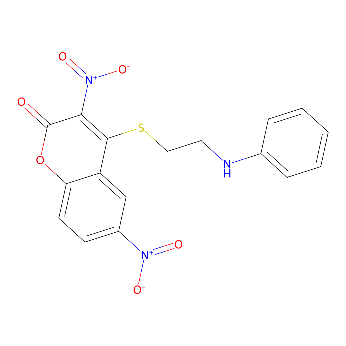 2H-1-Benzopyran-2-one, 3,6-dinitro-4-[[2-(phenylamino)ethyl]thio]- molecular structure, CAS 184581-67-7