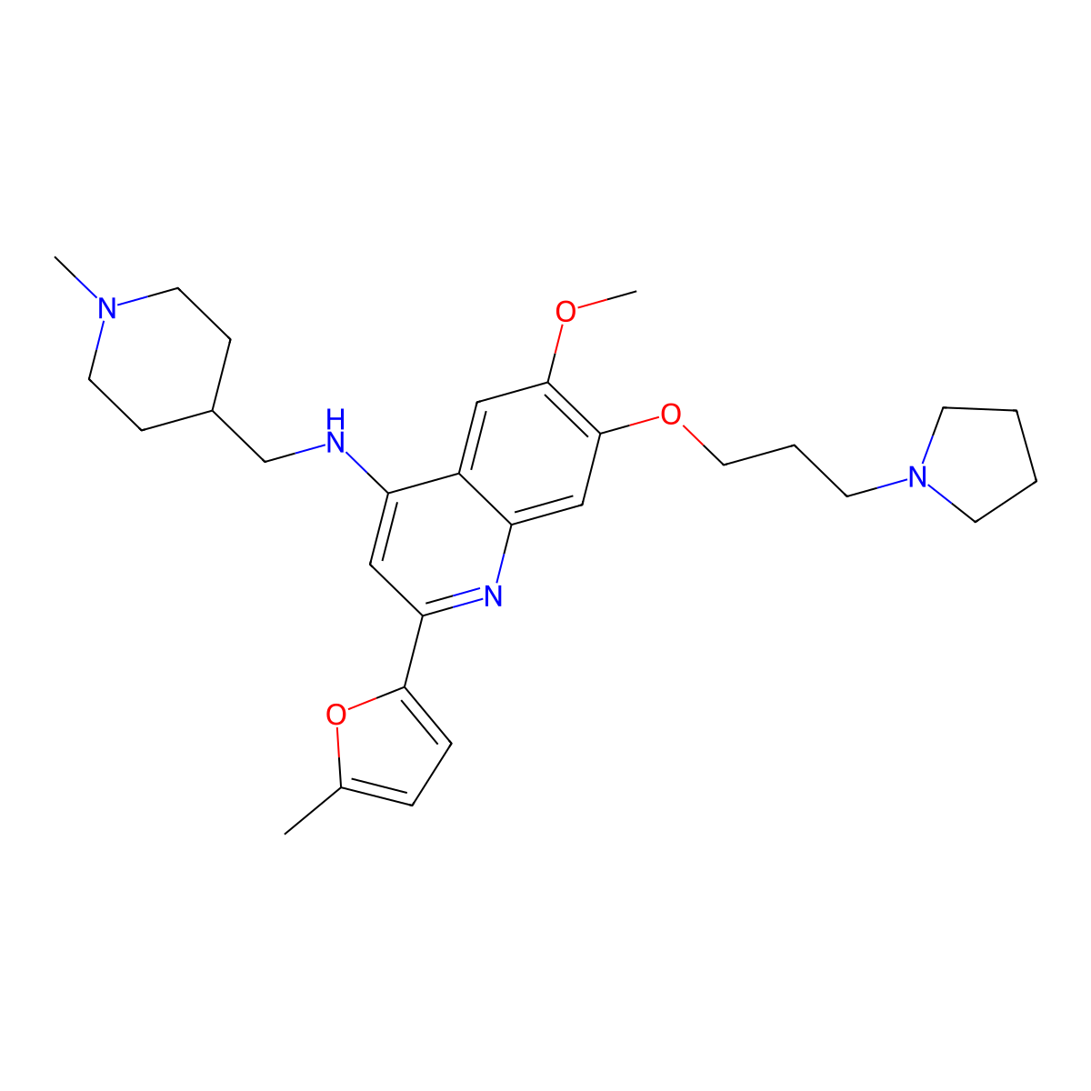 6-Methoxy-2-(5-methylfuran-2-yl)-N-((1-methylpiperidin-4-yl)methyl)-7-(3-(pyrrolidin-1-yl)propoxy)quinolin-4-amine molecular structure, CAS 1846570-40-8