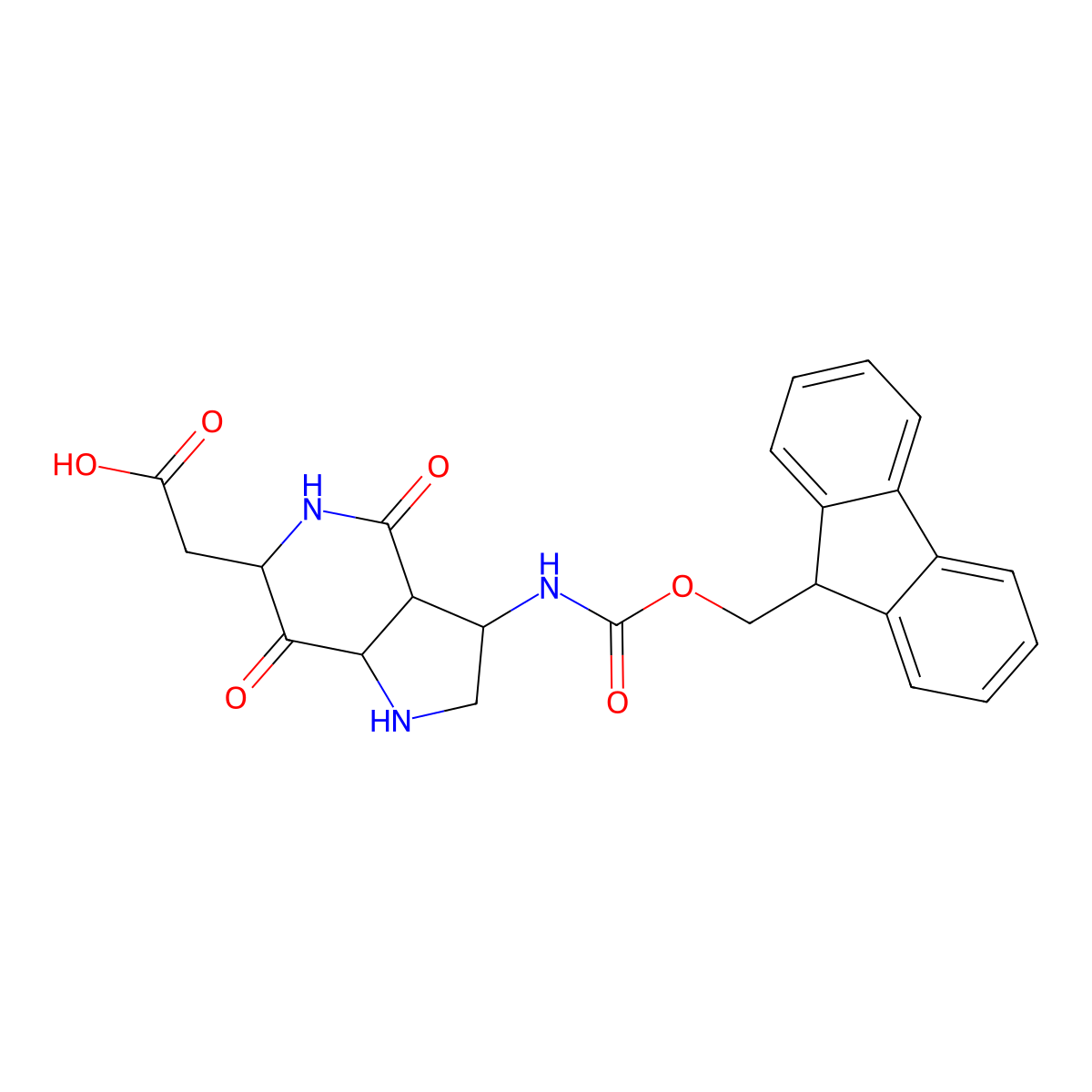 Fmoc-(2S,6S,9S)-6-amino-2-carboxymethyl-3,8-diazabicyclo-(4,3,0)-nonane-1,4-dione molecular structure, CAS 184700-26-3