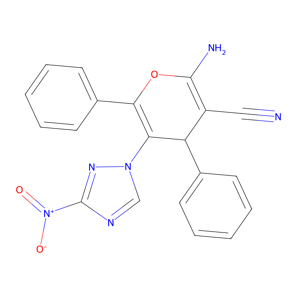 2-amino-5-(3-nitro-1,2,4-triazol-1-yl)-4,6-diphenyl-4H-pyran-3-carbonitrile molecular structure, CAS 184706-36-3
