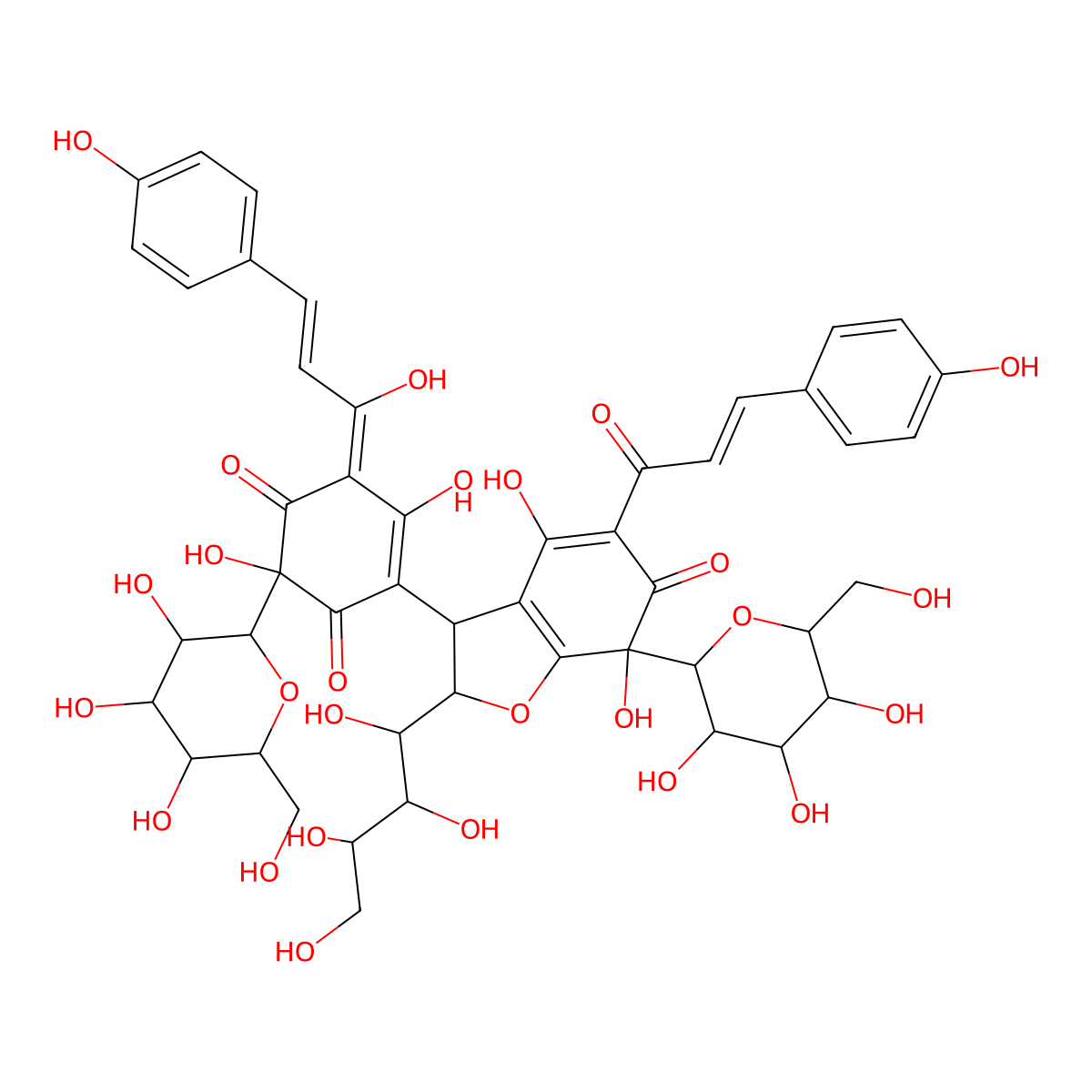 4-[4,7-Dihydroxy-5-[3-(4-hydroxyphenyl)prop-2-enoyl]-6-oxo-2-(1,2,3,4-tetrahydroxybutyl)-7-[3,4,5-trihydroxy-6-(hydroxymethyl)oxan-2-yl]-2,3-dihydro-1-benzofuran-3-yl]-2,5-dihydroxy-6-[1-hydroxy-3-(4-hydroxyphenyl)prop-2-enylidene]-2-[3,4,5-trihydroxy-6-(hydroxymethyl)oxan-2-yl]cyclohex-4-ene-1,3-dione molecular structure, CAS 184840-84-4