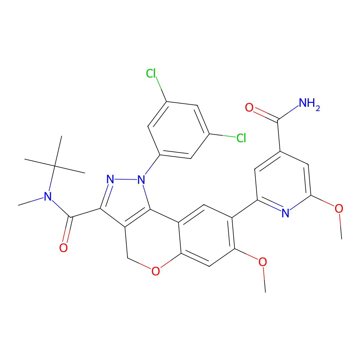 N-tert-butyl-8-(4-carbamoyl-6-methoxy-2-pyridinyl)-1-(3,5-dichlorophenyl)-7-methoxy-N-methyl-4H-chromeno[3,4-d]pyrazole-3-carboxamide molecular structure, CAS 1850256-71-1