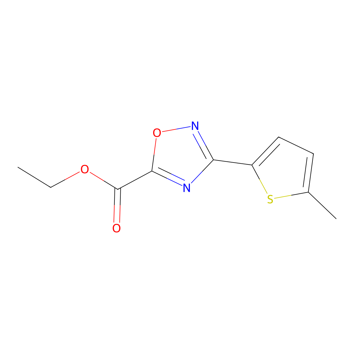 Ethyl 3-(5-methylthiophen-2-yl)-1,2,4-oxadiazole-5-carboxylate molecular structure, CAS 1851029-54-3