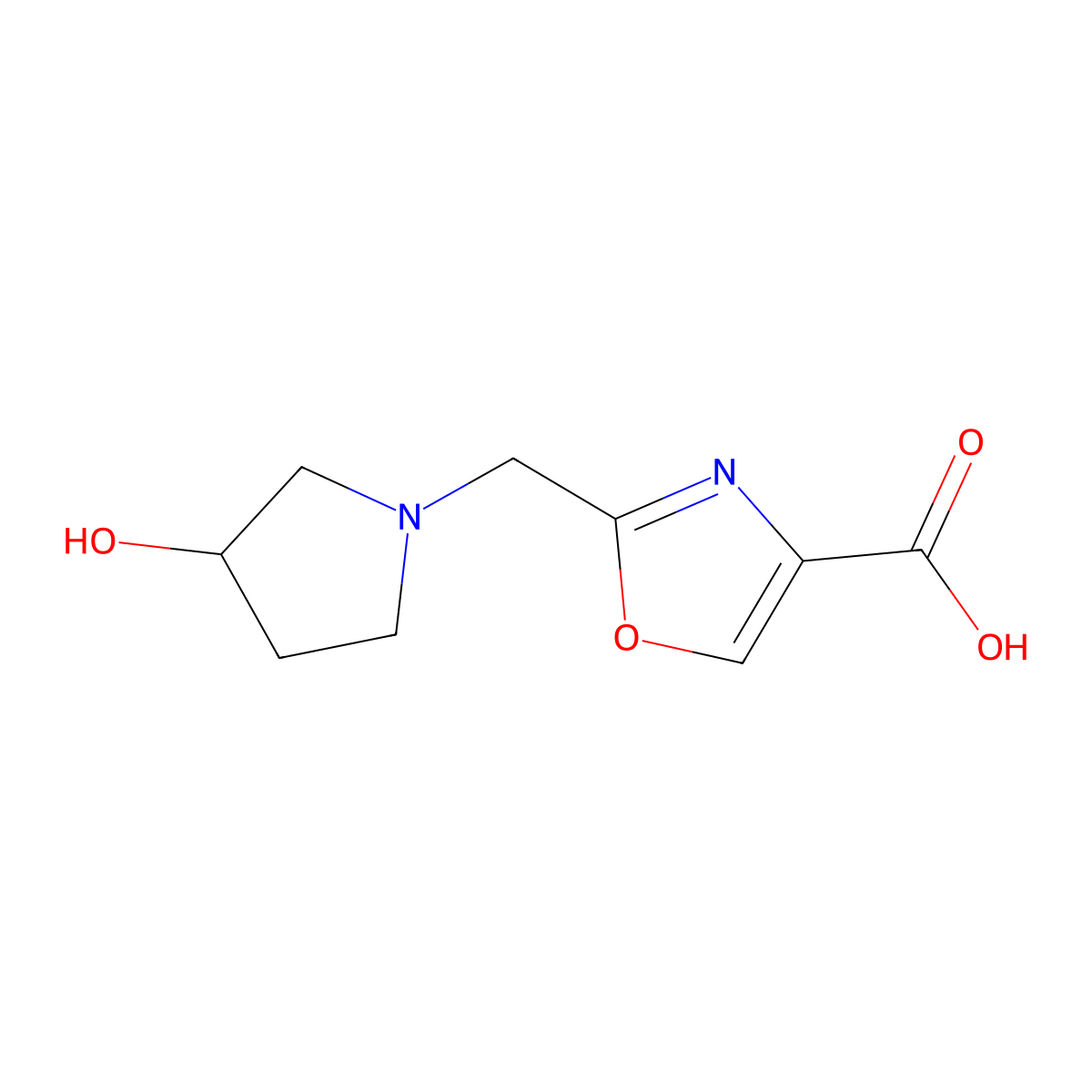 2-[(3-Hydroxypyrrolidin-1-yl)methyl]-1,3-oxazole-4-carboxylic acid molecular structure, CAS 1851483-65-2