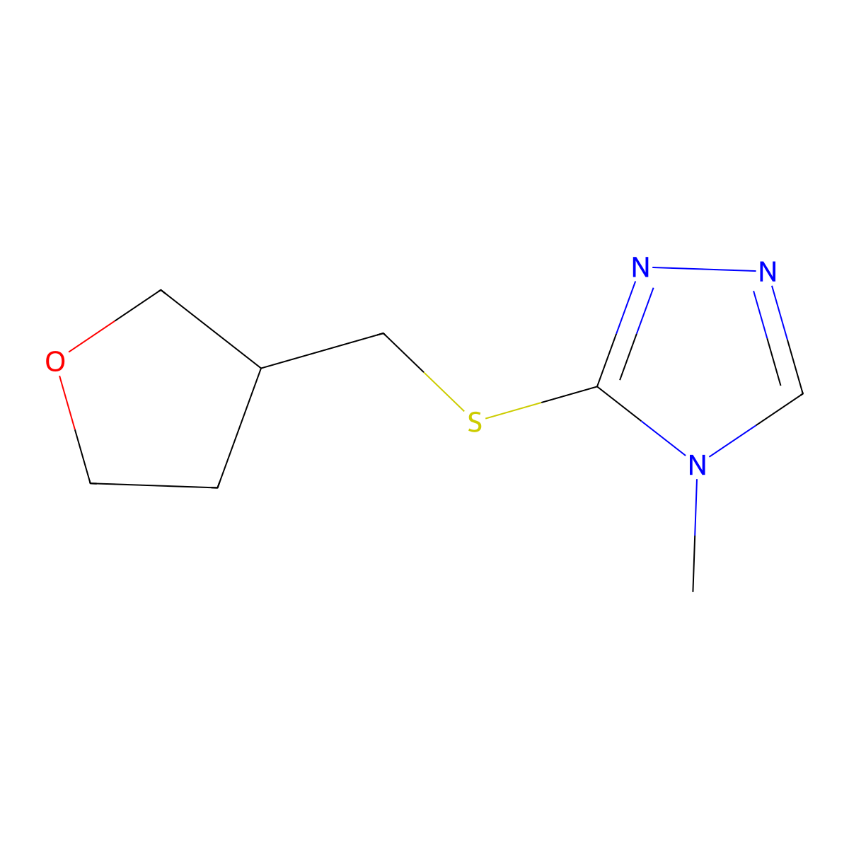 4-methyl-3-(((tetrahydrofuran-3-yl)methyl)thio)-4H-1,2,4-triazole molecular structure, CAS 1851768-18-7