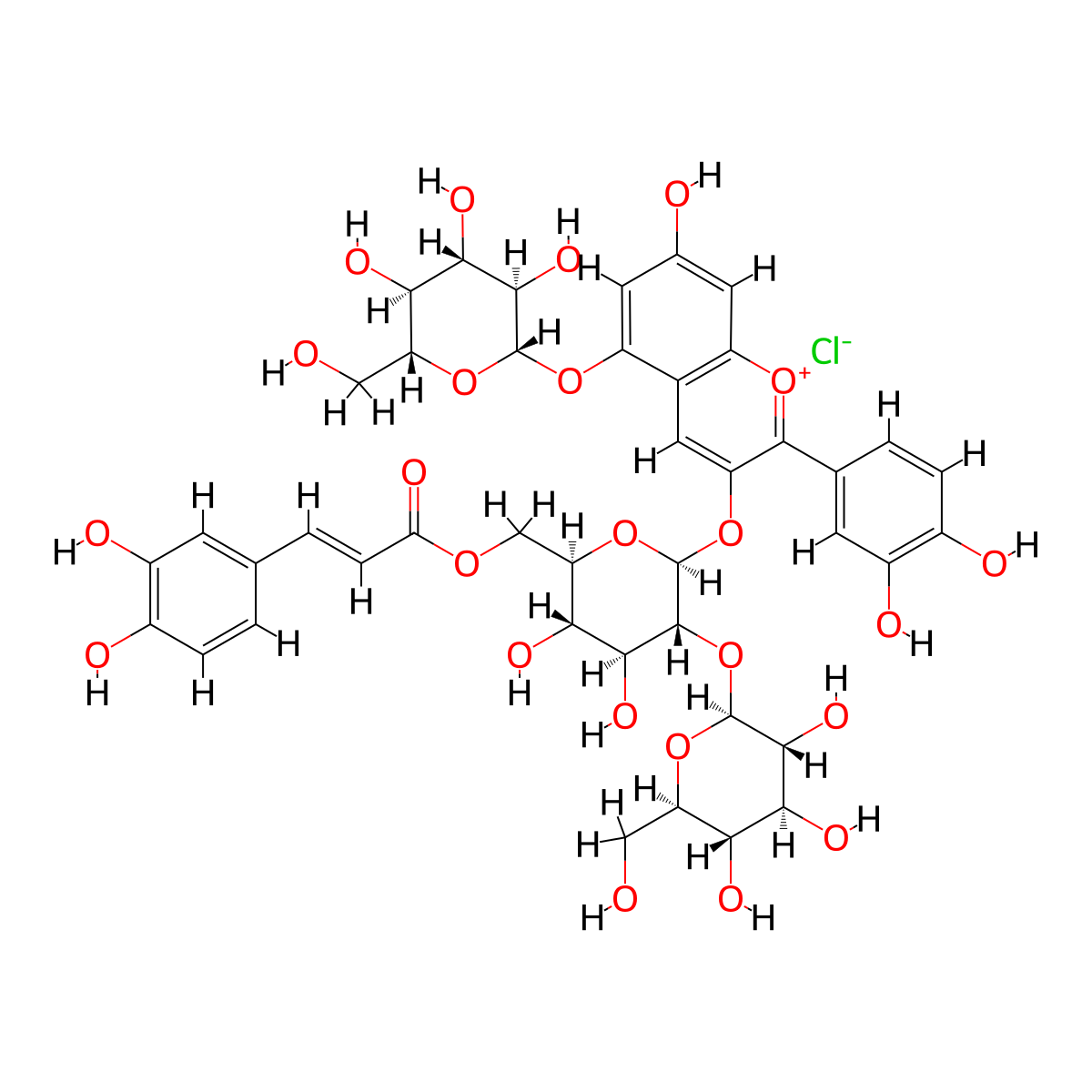 2-(3,4-dihydroxyphenyl)-3-(((2S,3R,4S,5S,6R)-6-((((E)-3-(3,4-dihydroxyphenyl)acryloyl)oxy)methyl)-4,5-dihydroxy-3-(((2S,3R,4S,5S,6R)-3,4,5-trihydroxy-6-(hydroxymethyl)tetrahydro-2H-pyran-2-yl)oxy)tetrahydro-2H-pyran-2-yl)oxy)-7-hydroxy-5-(((2S,3R,4S,5S,6R)-3,4,5-trihydroxy-6-(hydroxymethyl)tetrahydro-2H-pyran-2-yl)oxy)chromenylium chloride molecular structure, CAS 185246-52-0