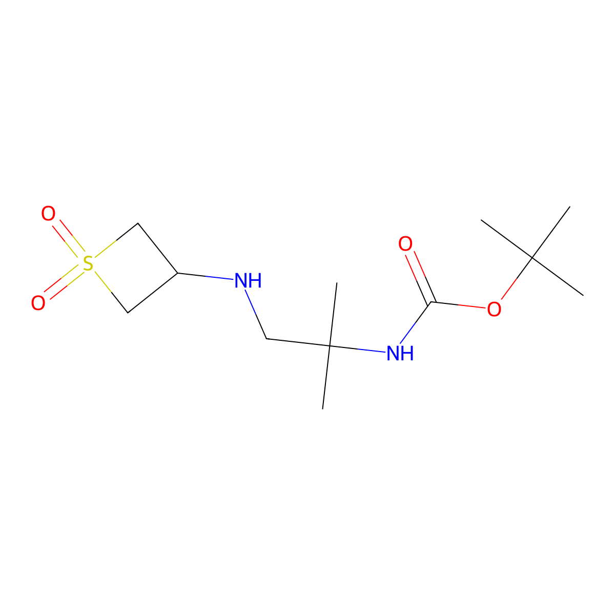 tert-Butyl (1-((1,1-dioxidothietan-3-yl)amino)-2-methylpropan-2-yl)carbamate molecular structure, CAS 1852709-54-6