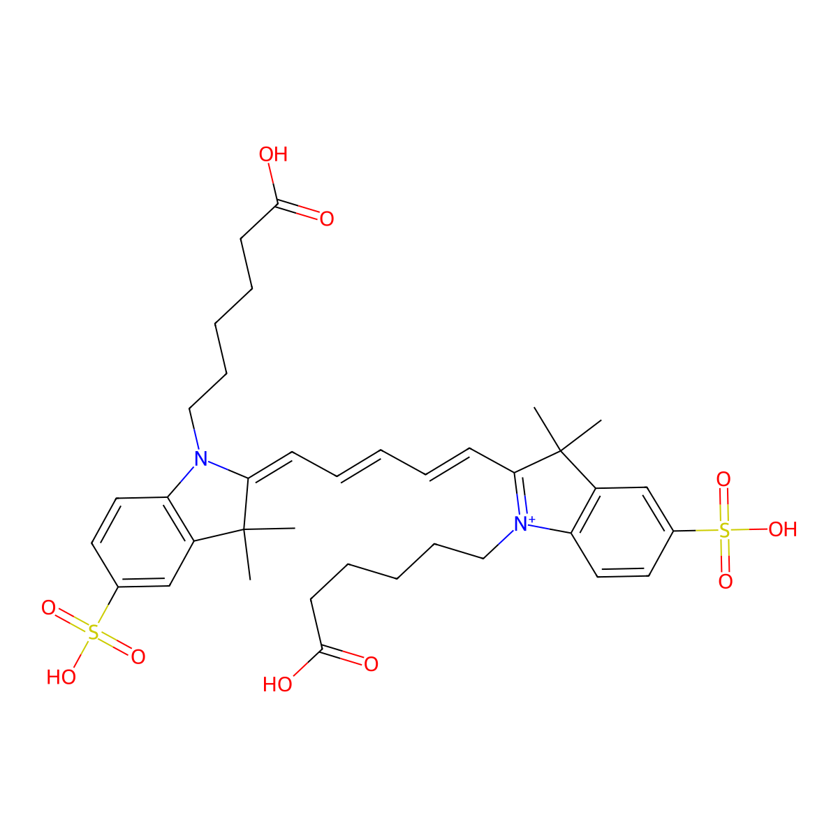 1-(5-Carboxypentyl)-2-(5-(1-(5-carboxypentyl)-3,3-dimethyl-5-sulfoindolin-2-ylidene)penta-1,3-dien-1-YL)-3,3-dimethyl-5-sulfo-3H-indol-1-ium molecular structure, CAS 185308-25-2
