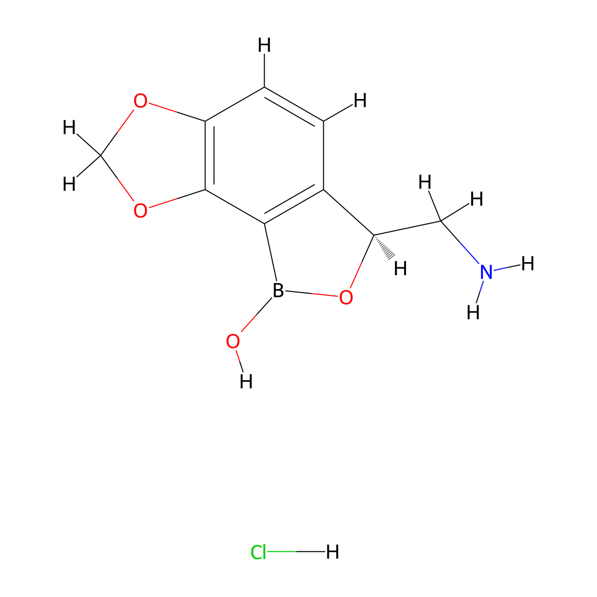 (S)-3-(Aminomethyl)-[1,3]dioxolo[4',5':5,6]benzo[1,2-c][1,2]oxaborol-1(3H)-ol hydrochloride molecular structure, CAS 1853176-89-2