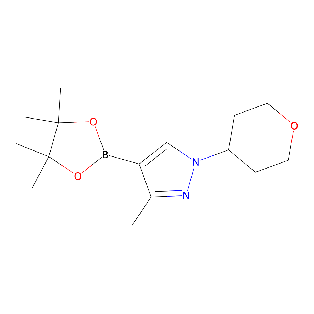 3-Methyl-1-(tetrahydro-2H-pyran-4-yl)-4-(4,4,5,5-tetramethyl-1,3,2-dioxaborolan-2-yl)-1H-pyrazole molecular structure, CAS 1853186-01-2