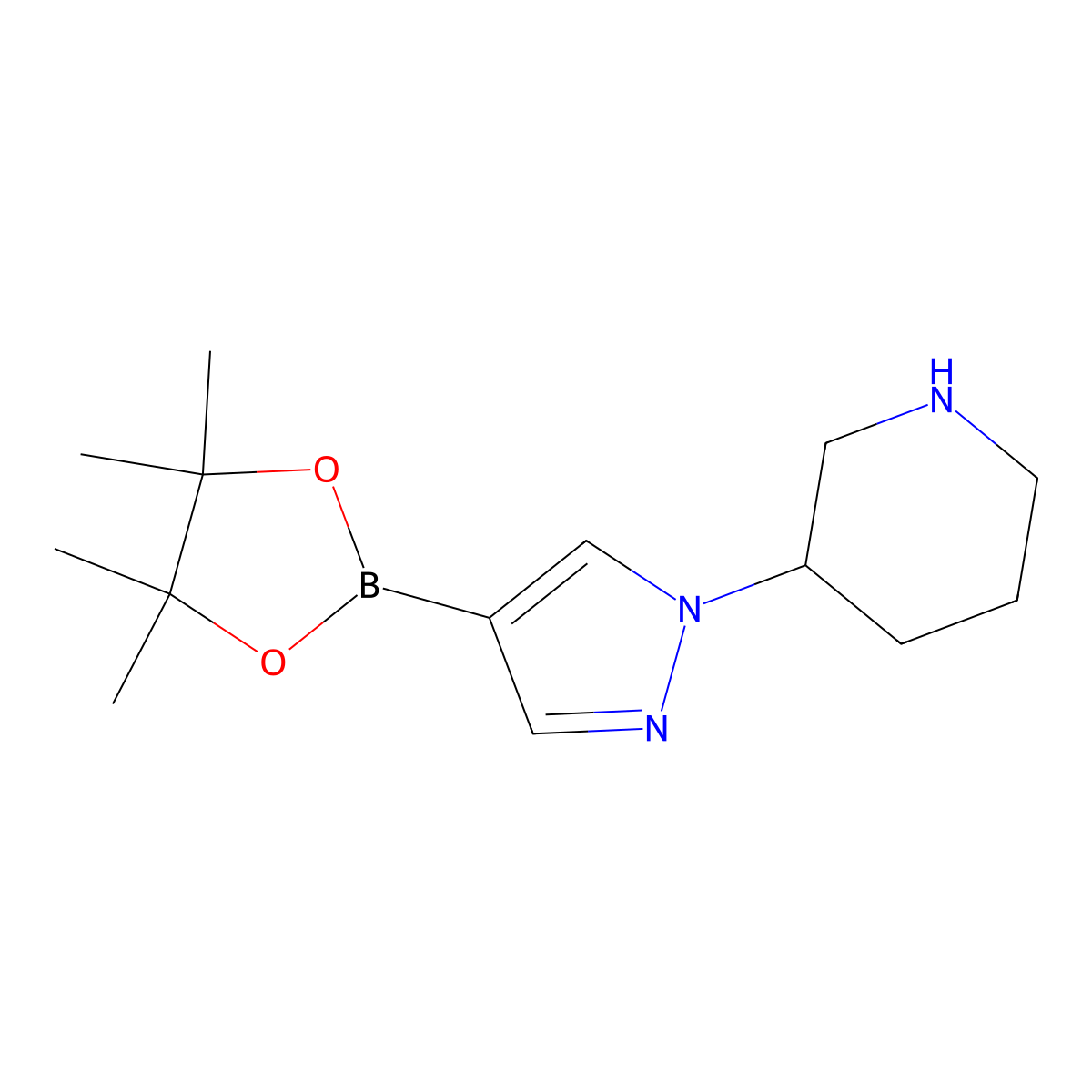 3-(4-(4,4,5,5-Tetramethyl-1,3,2-dioxaborolan-2-yl)-1H-pyrazol-1-yl)piperidine molecular structure, CAS 1853186-37-4