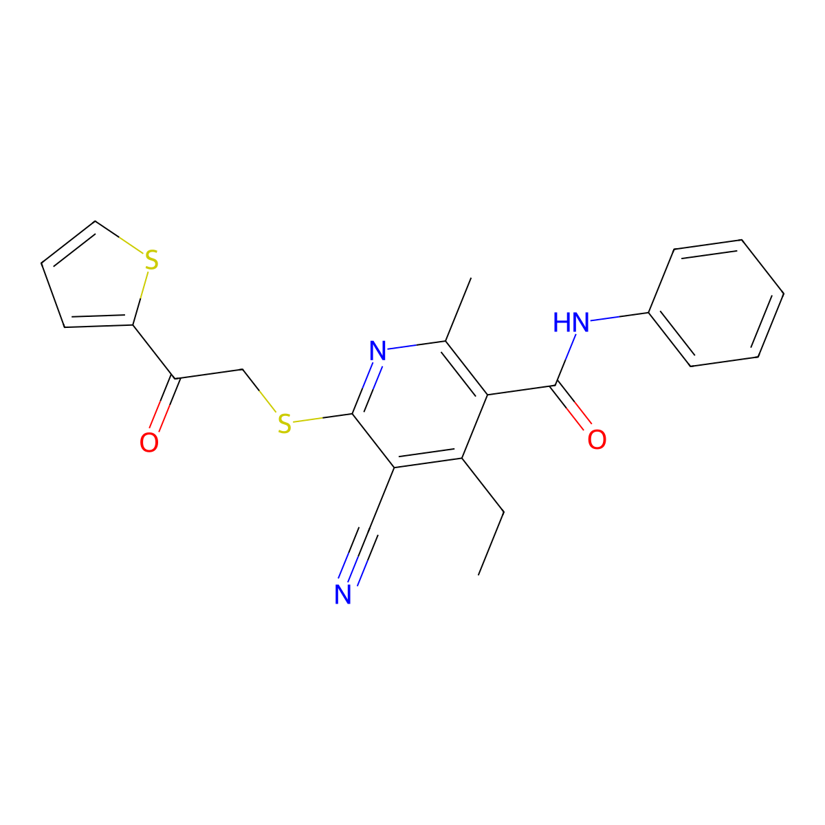 5-cyano-4-ethyl-2-methyl-6-(2-oxo-2-thiophen-2-ylethyl)sulfanyl-N-phenylpyridine-3-carboxamide molecular structure, CAS 185390-66-3