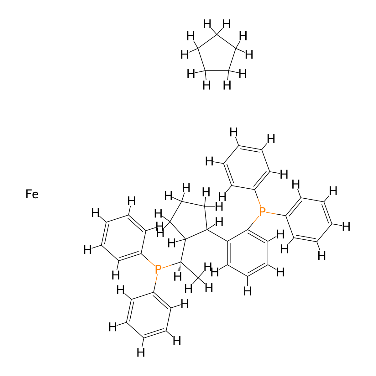 (R)-1-[(S)-2-(2'-Diphenyphosphinophenyl)ferrocenyl]ethyldiphenylphosphine molecular structure, CAS 1854067-25-6